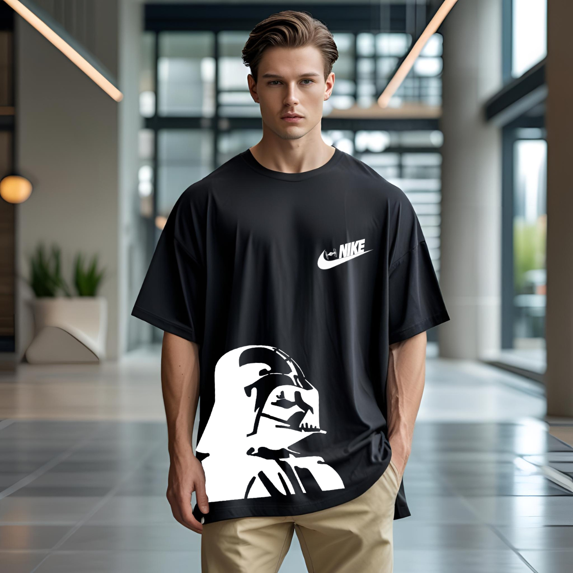 Playera Oversize Darth Vader × Estilo Nike – Nave Frontal + Emblema Star Wars en Espalda | Color Negro Unisex