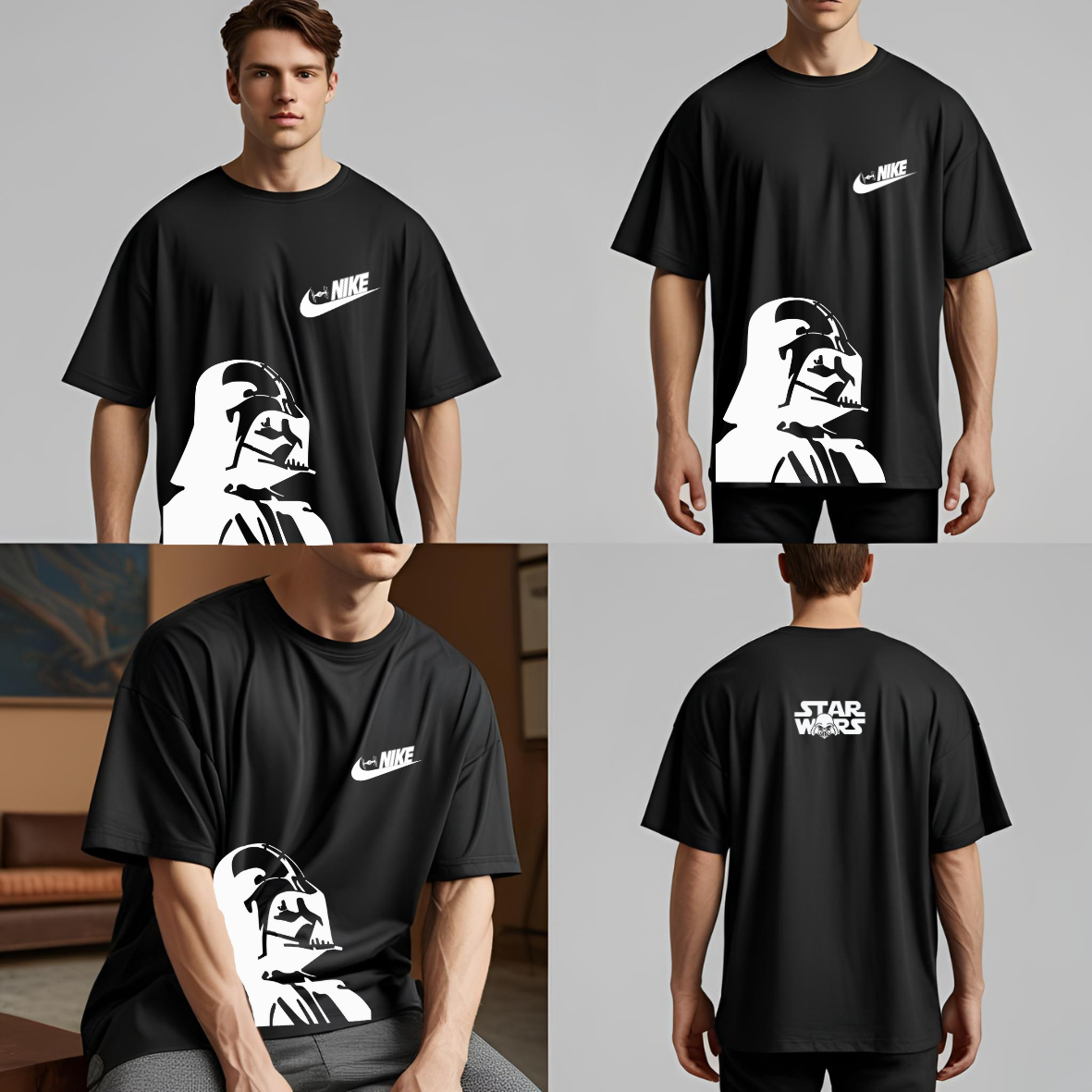 Playera Oversize Darth Vader × Estilo Nike – Nave Frontal + Emblema Star Wars en Espalda | Color Negro Unisex