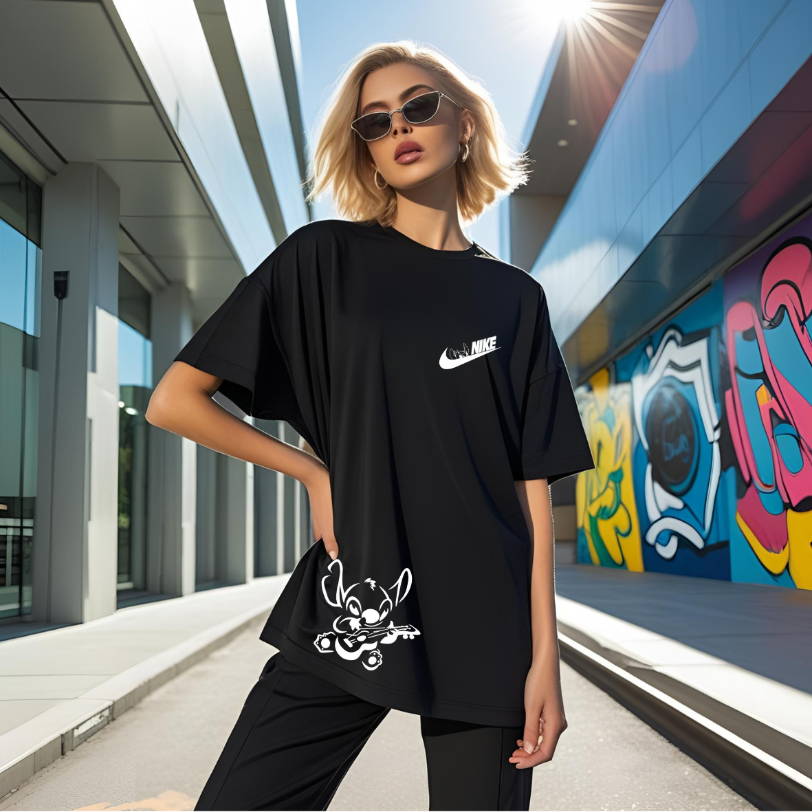 Playera Oversize Stitch × Estilo Nike – Diseño Exclusivo con “Aloha” en la Espalda | Color Negro Unisex