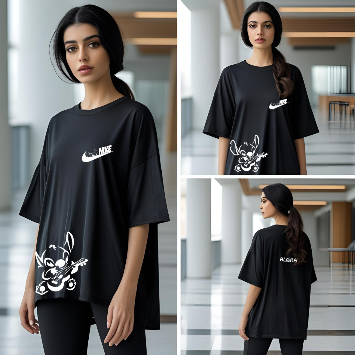 Playera Oversize Stitch × Estilo Nike – Diseño Exclusivo con “Aloha” en la Espalda | Color Negro Unisex