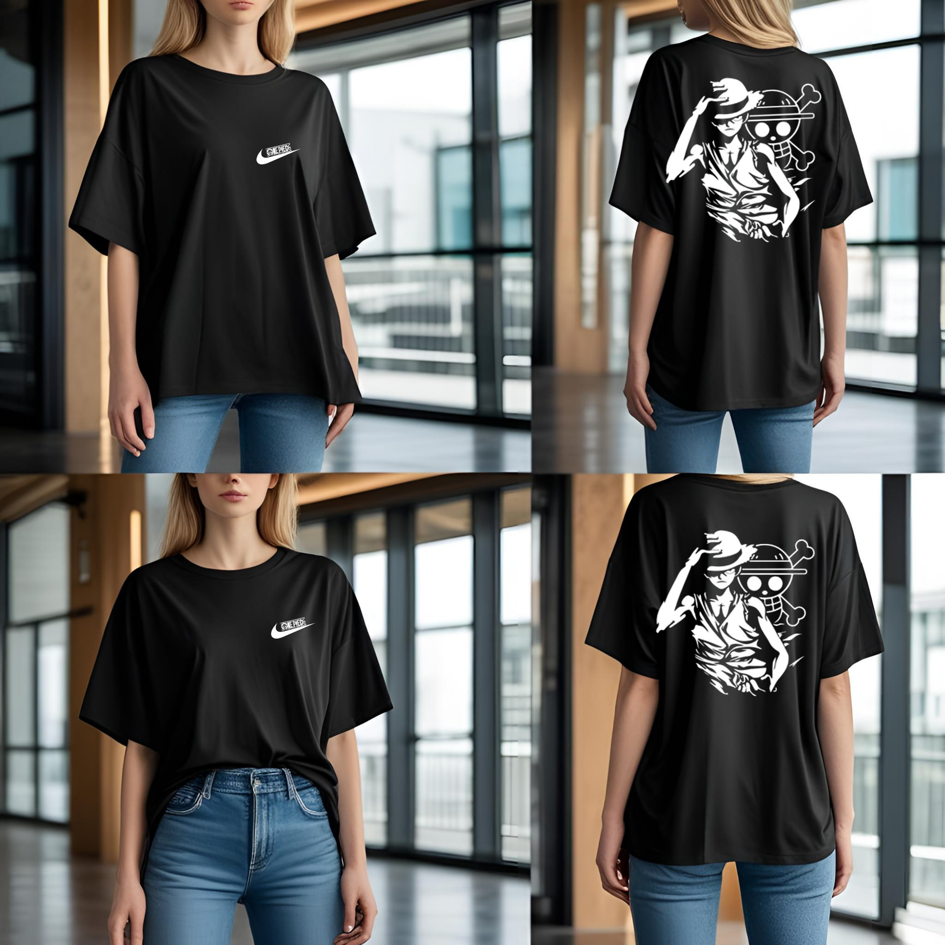 Playera Oversize Unisex One Piece × Estilo Nike – Diseño Exclusivo en Negro